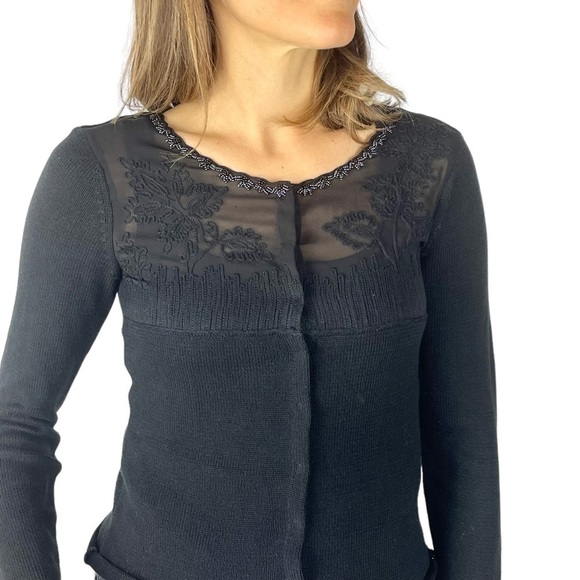 MOSCHINO CHEAP AND CHIC BLACK COTTON SHEER FLORAL YOKE BEADED CARDIGAN SWEATER - Picture 4 of 15